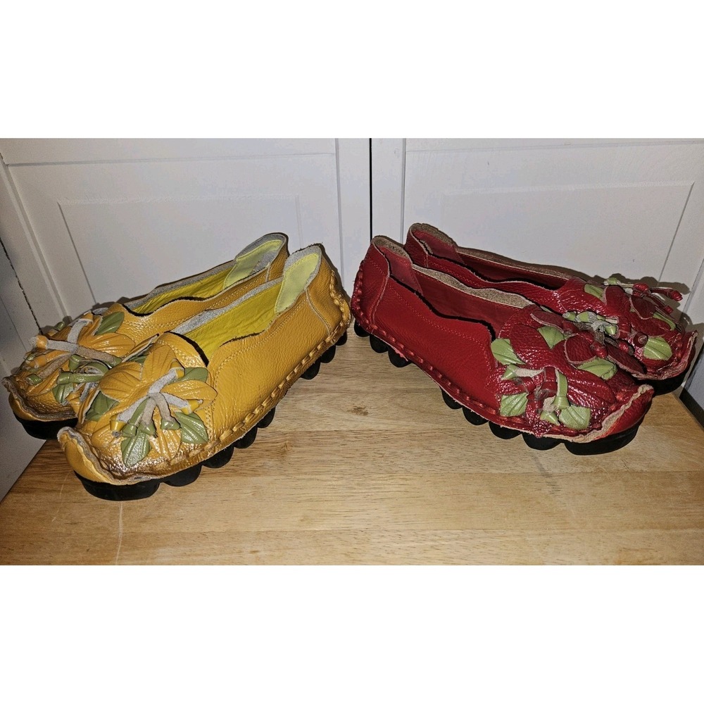 SOCOFY 2 Pr Red & Yellow Leather Slip On Shoes Womens Sz US 8 To 8.5 EUC - Picture 4 of 6